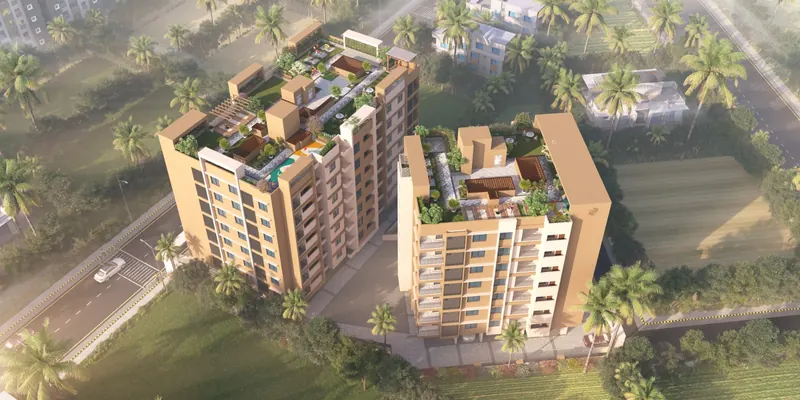 Aerial render of both Bhakti ACE wings with landscaped rooftops