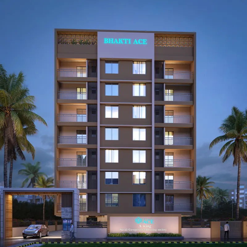 Front elevation of Bhakti ACE at dusk with illuminated entrance