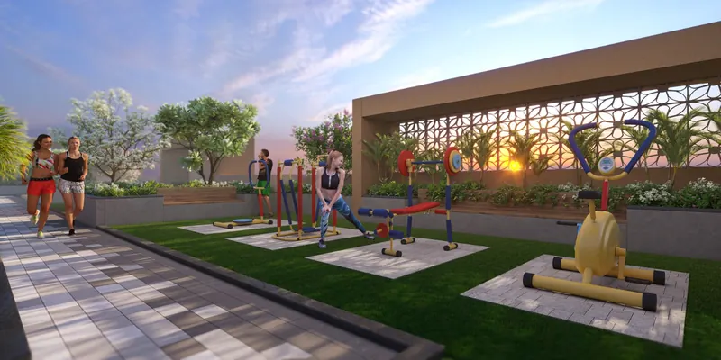 Outdoor fitness zone with exercise stations on the rooftop lawn