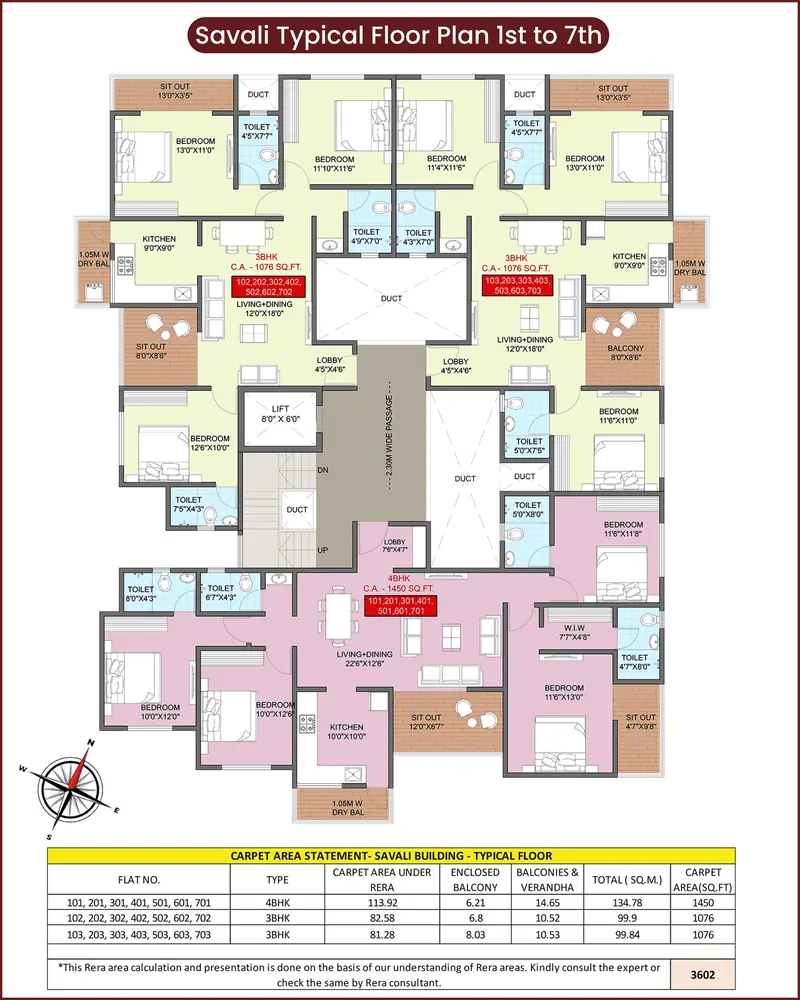 A Wing (Savali) typical floor plan, 1st to 7th floor, showing two 3 BHK units of 1076 sq.ft and one 4 BHK of 1450 sq.ft