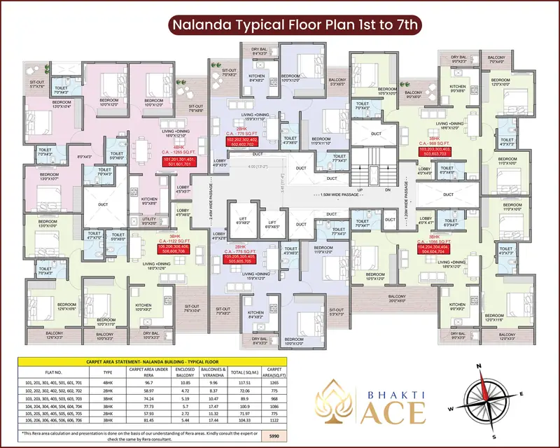 B Wing (Nalanda) typical floor plan, 1st to 7th floor, with 2 BHK, 3 BHK and 4 BHK units