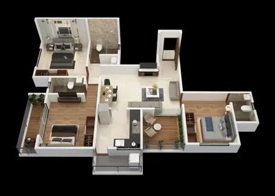 Indicative 3D unit plan 1 with furnished living, bedrooms and balconies