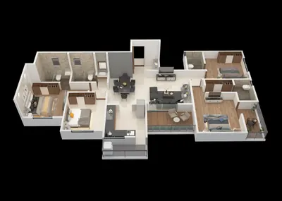 Indicative 3D unit plan 2 with furnished living, bedrooms and balconies