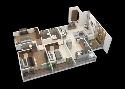 Indicative 3D unit plan 3 with furnished living, bedrooms and balconies