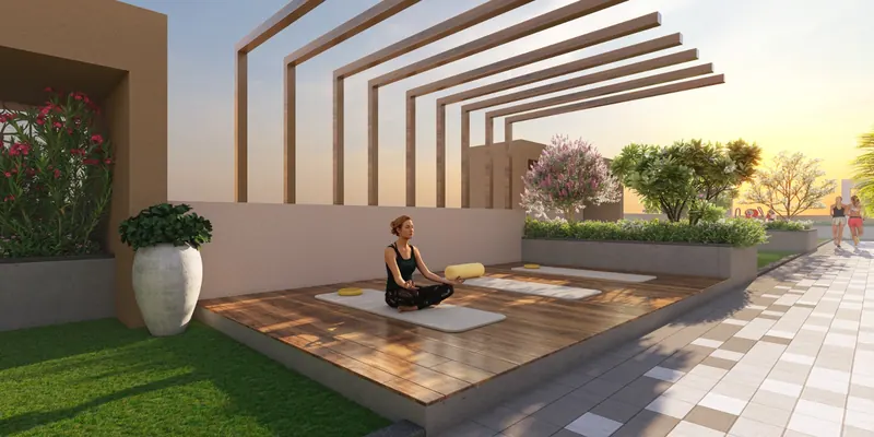 Rooftop yoga and meditation deck under a timber pergola