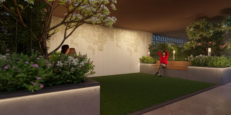 Landscaped serenity garden with soft lighting and seating